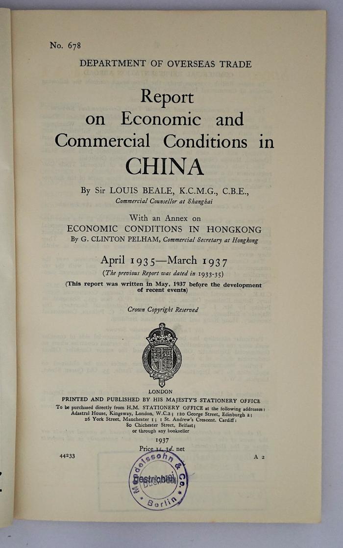 Iec 425 : Report on Economic and Commercial Conditions in China (1937)