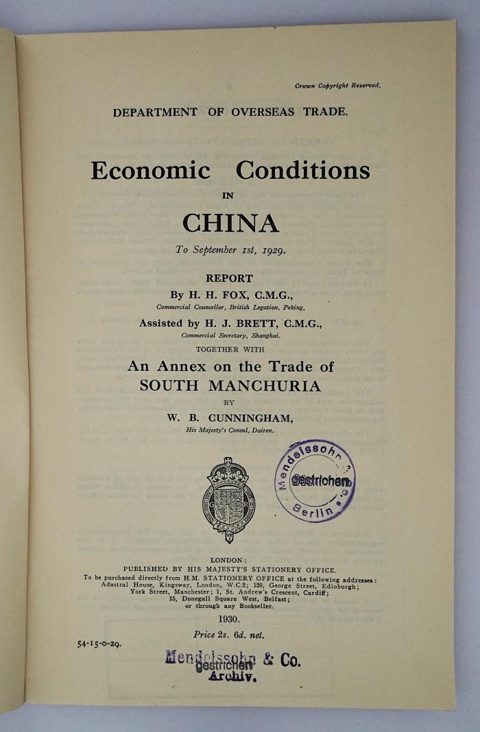 Iec 425 : Economic Conditions in China (1930)