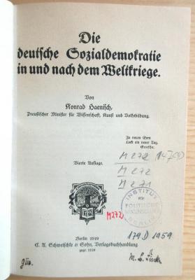 M 272 147(4) : Die deutsche Sozialdemokratie in und nach dem Weltkriege. (1919)