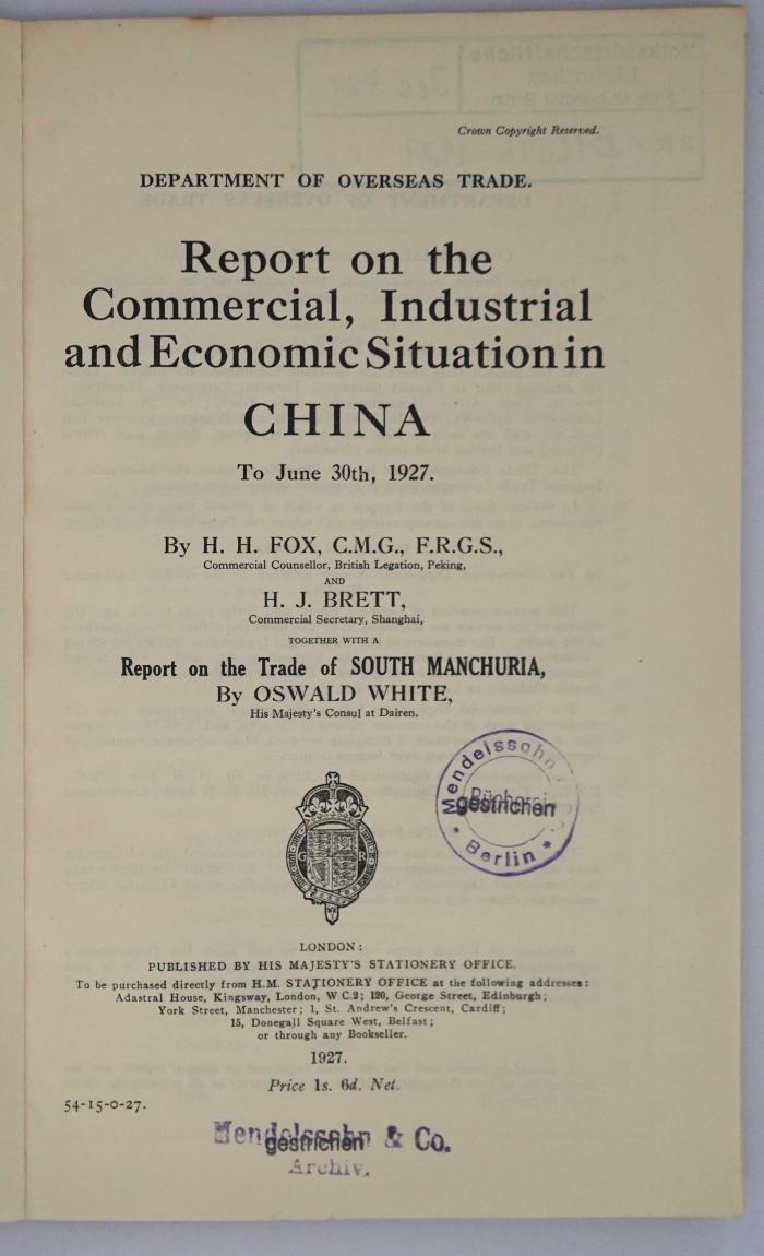Iec 425 : Report on the Commercial, Industrial and Economic Situation in China (1927)