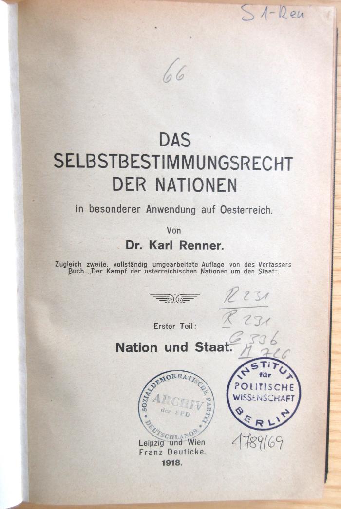 R 231 195-1 : Das Selbstbestimmungsrecht der Nationen; Erster Teil: Nation und Staat.  (1918)