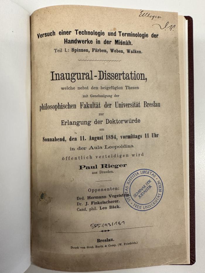 BD 3100 R554-1 : Versuch einer Technologie und Terminologie der Handwerke in der Mišnâh. 1, Spinnen, Färben, Weben, Walken (1894)