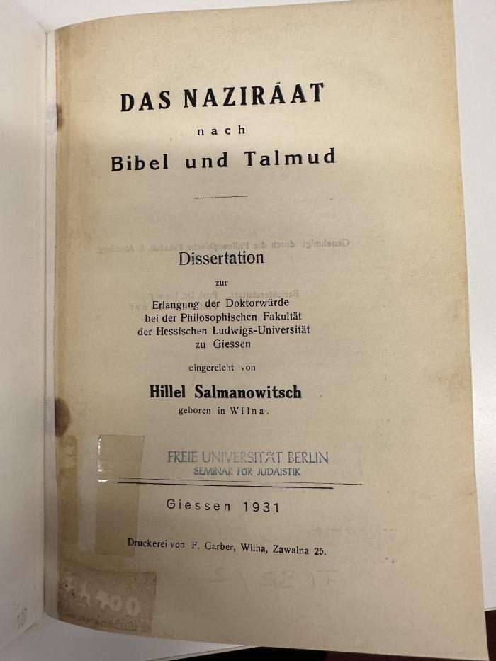 BD 3580 S171 : Das Naziräat nach Bibel und Talmud. (1931)