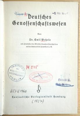 M 515 Weh : Deutsches Genossenschaftswesen  (1937)