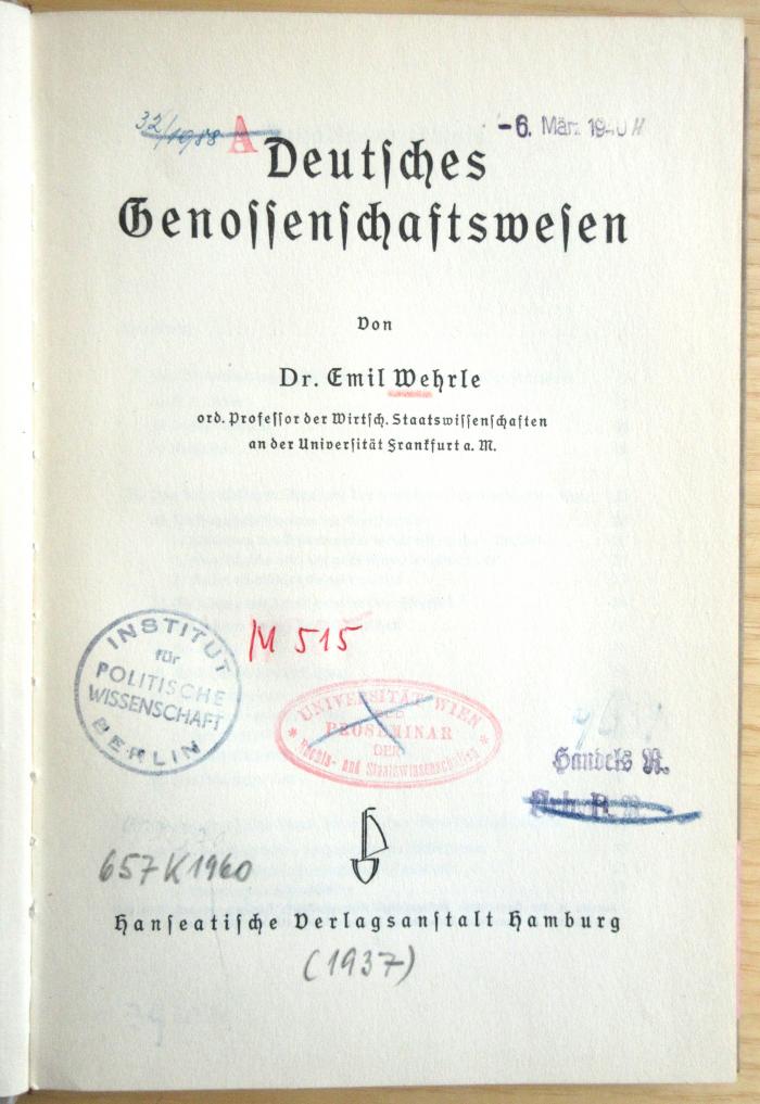 M 515 Weh : Deutsches Genossenschaftswesen  (1937)