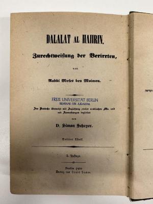 BD 4600 D136D(.1920)-3 : Moreh Nevukhim 3 Moreh nebukhim - Zurechtweisung der Verirrten Dalalat al-ḥa'irin von Moses Maimonides (1920)