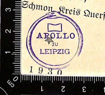 - (Johannis-Loge Apollo (Leipzig)), Stempel: Name; 'Apollo zu Leipzig'.  (Prototyp)