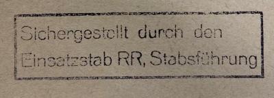 - (Nationalsozialistische Deutsche Arbeiterpartei. Einsatzstab Reichsleiter Rosenberg für die Besetzten Gebiete), Stempel: Name; 'Sichergestellt durch den Einsatzstab RR, Stabsführung'.  (Prototyp)