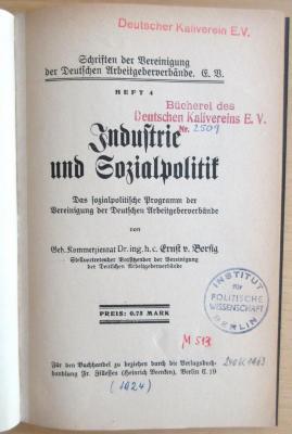 M 513 Bor : Industrie und Sozialpolitik - Das sozialpolitische Programm der Vereinigung der Deutschen Arbeitgeberverbände  (1924)
