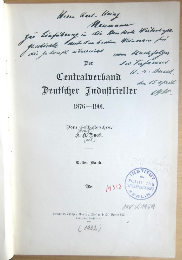 M 513 Bue-1 : Der Centralverband Deutscher Industrieller 1876-1901 (1902)