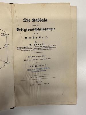BD 5850 F822 K1D(3)+2 : Die Kabbala oder die Religions-Philosophie der Hebräer (1922)