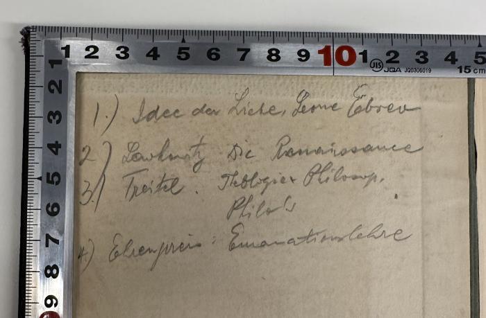 -, Von Hand: Annotation; '1.) Idee der Liebe, Leone Ebreo
2.) L[XX], Die Renaissance
3.) Treitel, [XX] Philosoph. [XX]
4.) Ehrenpreis: Emanationslehre'