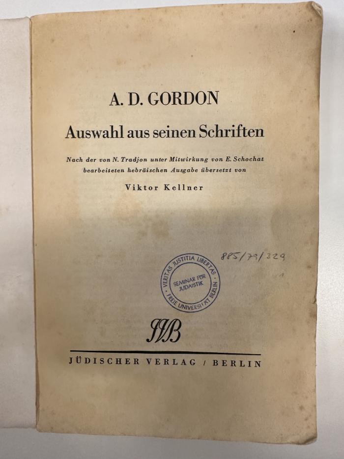 BD 6180 A938+2 : Auswahl aus seinen Schriften : Nach der v. N. Tradjon unter Mitwirkung v. E. Schochat (1937)