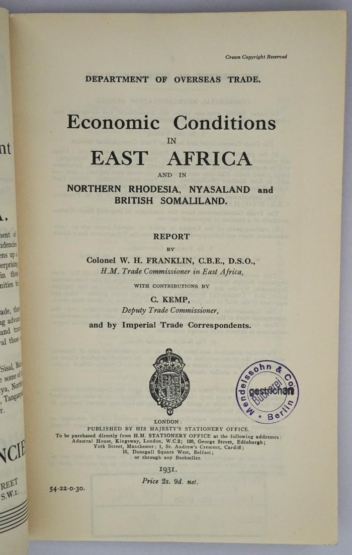 Id 1165 : Economic Conditions in East Africa and in Northern Rhodesia, Nyasaland and British Somaliland (1931)