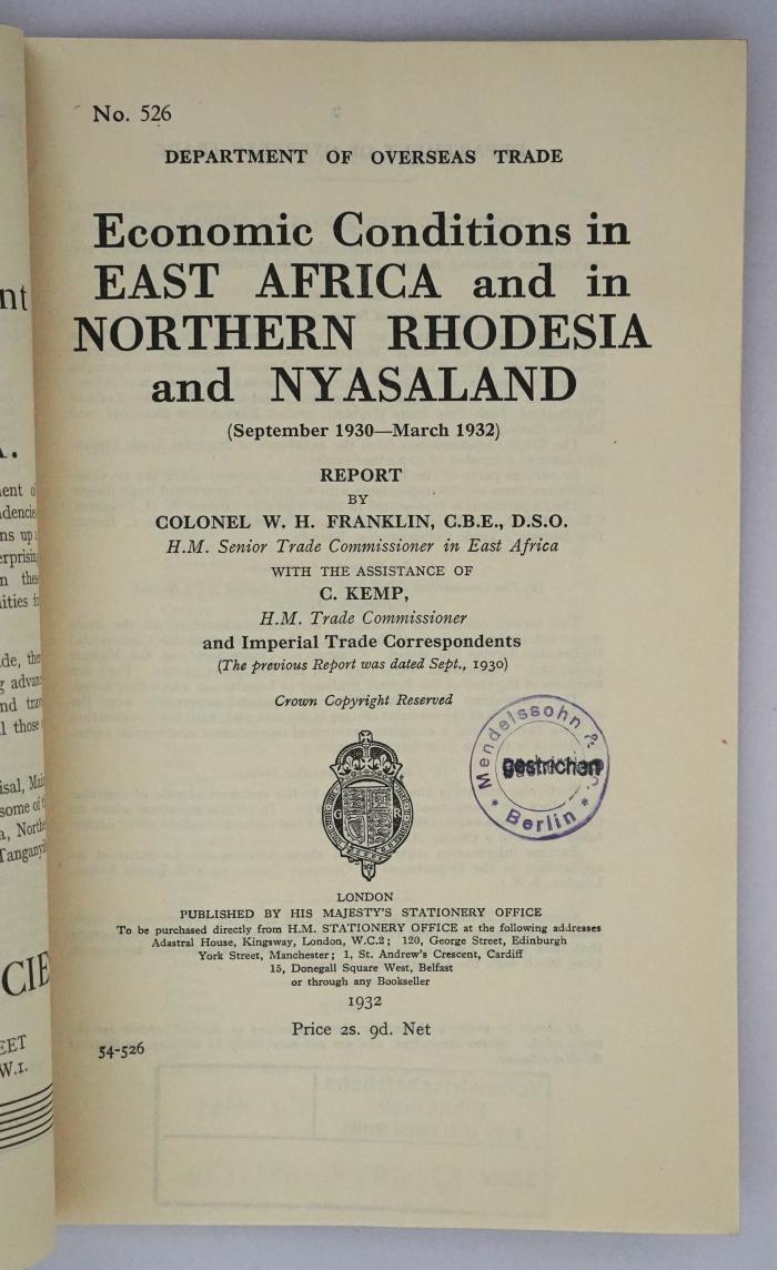 Id 1165 : Economic Conditions in East Africa and in Northern Rhodesia and Nyasaland  (1932)