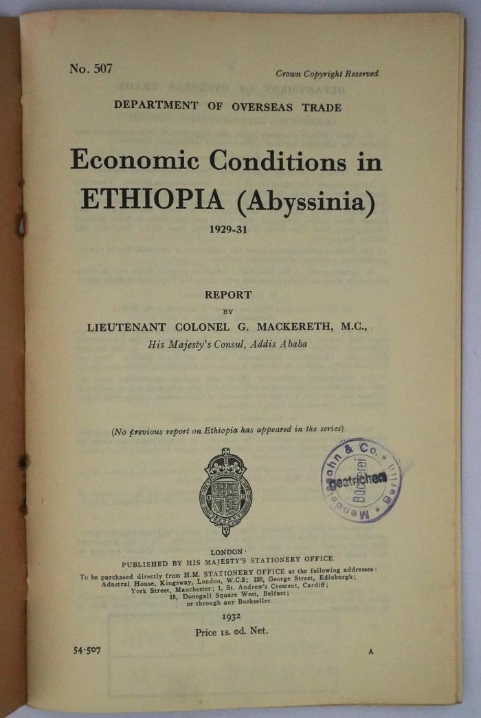 Id 1170 : Economic Conditions in Ethiopia (Abyssinia) (1932)