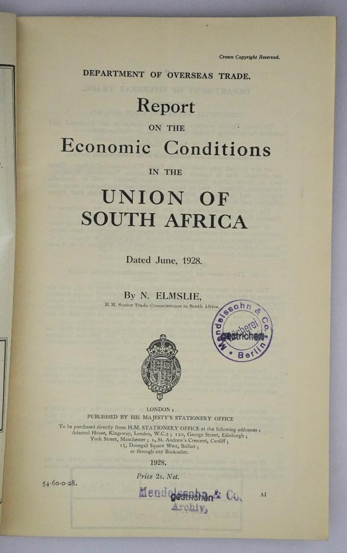 Id 1171 : Economic Conditions in the Union of South Africa (1928/1930)