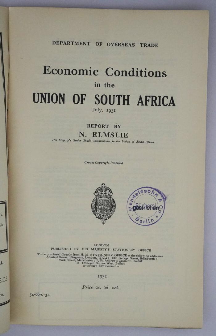 Id 1171 : Economic Conditions in the Union of South Africa (1931)