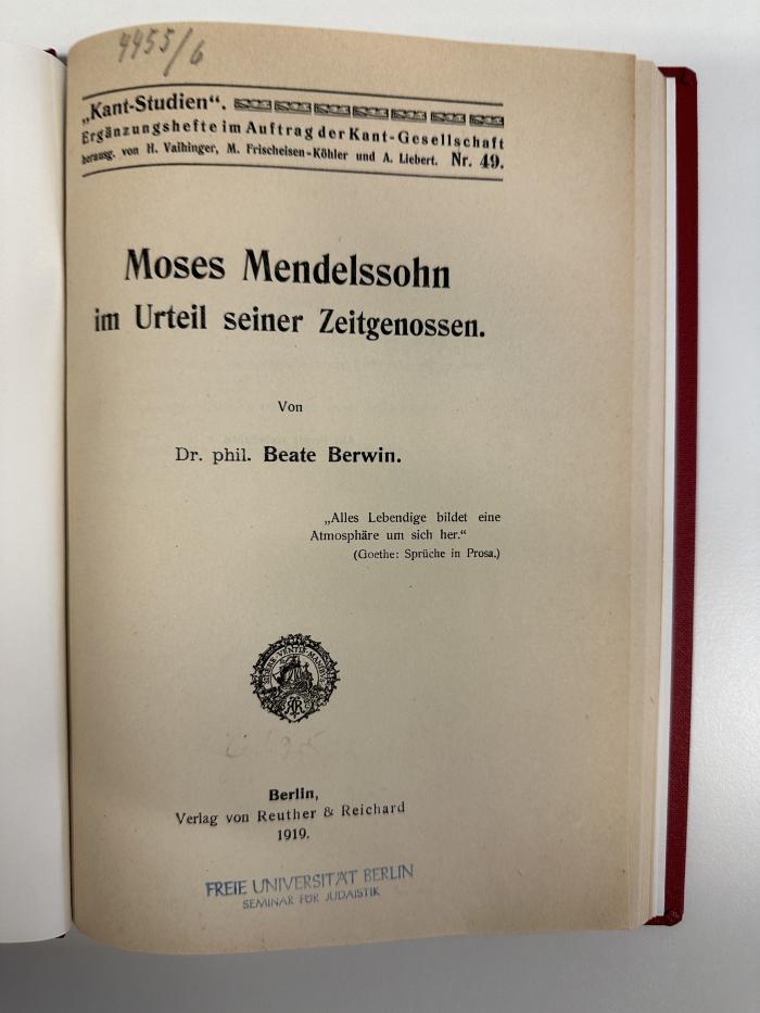 BD 6501 B553 : Moses Mendelssohn im Urteil seiner Zeitgenossen (1919)