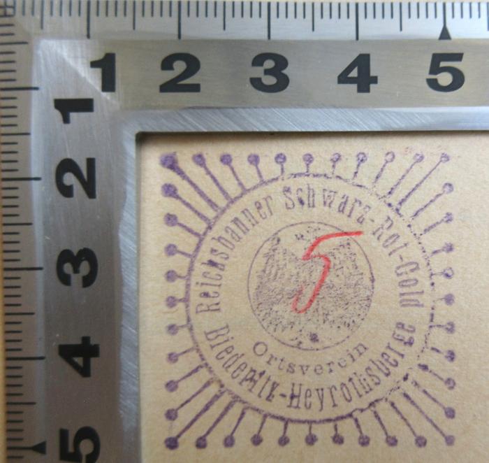 - (Reichsbanner Schwarz-Rot-Gold), Stempel: Berufsangabe/Titel/Branche, Ortsangabe, Wappen; 'Reichsbanner Schwarz-Rot-Gold
Ortsverein Biederitz-Heyrothsberge'. 