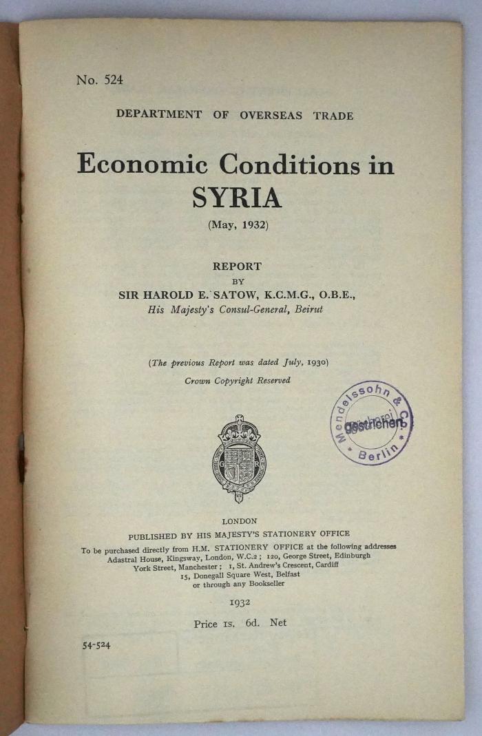 Iee 401 : Economic Conditions in Syria (1932)