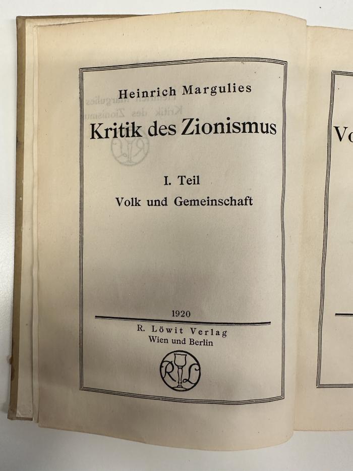 BD 6860 M331-1 : Kritik des Zionismus. 1, Volk und Gemeinschaft (1920)