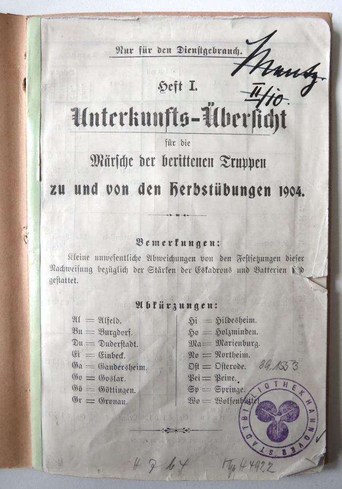 Kps H 4922 : Unterkunfts-Übersicht für die Märsche der berittenen Truppen zu und von den Herbstübungen 1904. Heft I. Unterkunfts-übersicht der 20. Division während der Herbstübungen 1904. Heft II. (1904)