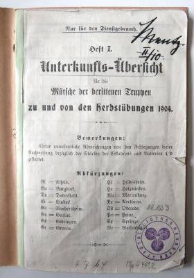 Kps H 4922 : Unterkunfts-Übersicht für die Märsche der berittenen Truppen zu und von den Herbstübungen 1904. Heft I. Unterkunfts-übersicht der 20. Division während der Herbstübungen 1904. Heft II. (1904)