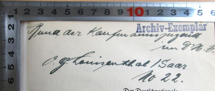 - (Bund der Kaufmannsjugend im D.H.V, O.G. Louisenthal/Saar), Von Hand: Berufsangabe/Titel/Branche, Ortsangabe, Nummer; 'Bund der Kaufmannsjugend im D.H.V, O.G. Louisenthal/Saar, No. 22.'. 