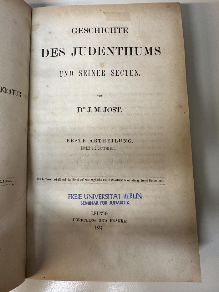 GB M 3411 : Geschichte des Judenthums und seiner Secten. 1, 1. - 3. Buch (1857)