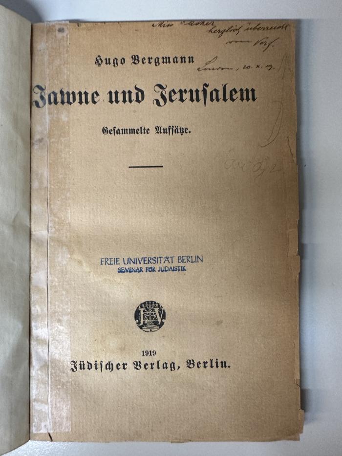 GB M 3419 : Jawne und Jerusalem : Gesammelte Aufsätze (1919)