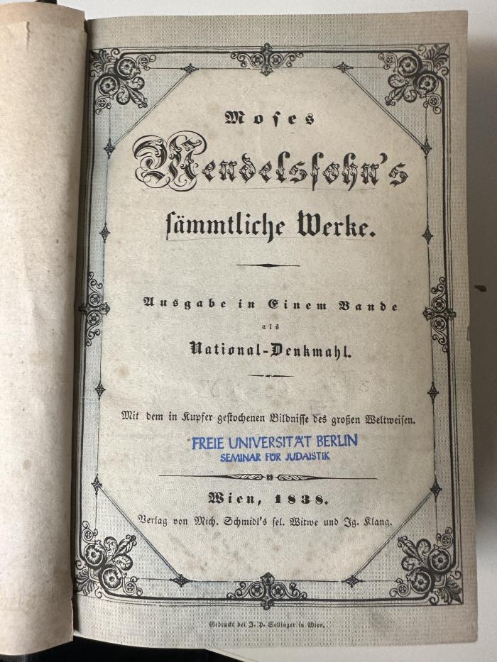 GB M 3259 : Moses Mendelssohn's sämmtliche Werke : Ausgabe in einem Bande als National-Denkmahl. (1838)