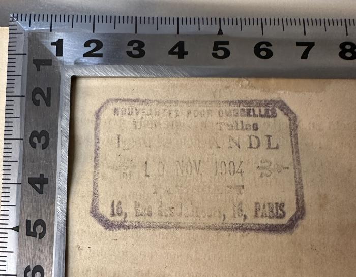 -, Stempel: Ortsangabe, Datum; '[XX]
10. Nov. 1904
16, Rue des [XX], Paris'
