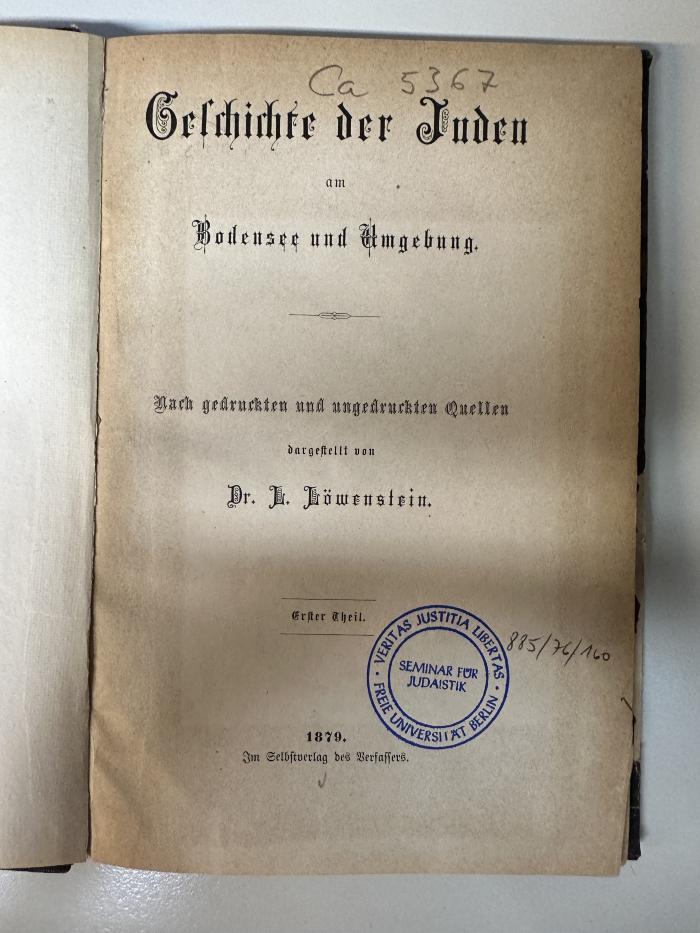 GB M 3418 : Geschichte der Juden am Bodensee und Umgebung. 1 (1879)