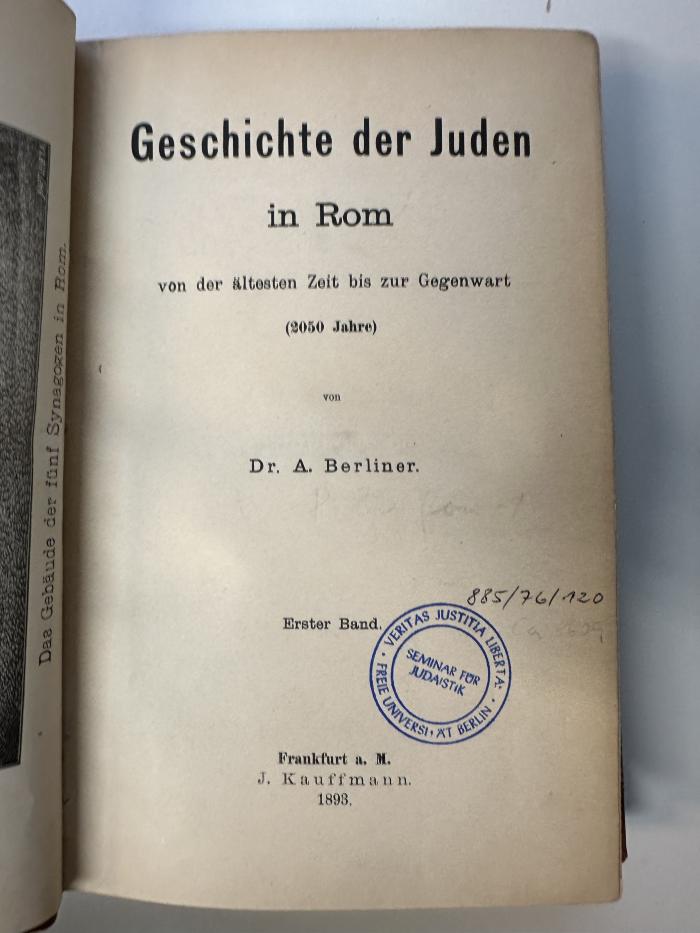 GB M 3427 : Geschichte der Juden in Rom. 1 (1893)