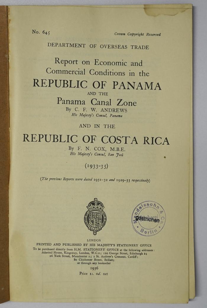 Icd 233 : Report on Economic and Commercial Conditions in the Republic of Panama and the Panama Canal Zone and in the Republic of Costa Rica (1936)