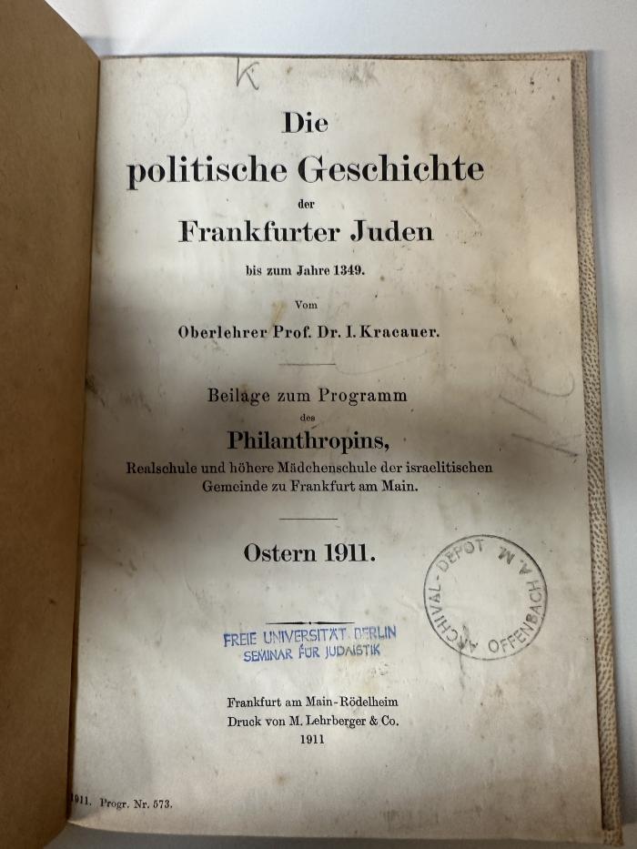 Box M 11627 : Die politische Geschichte der Frankfurter Juden bis zum Jahre 1349 (1911)
