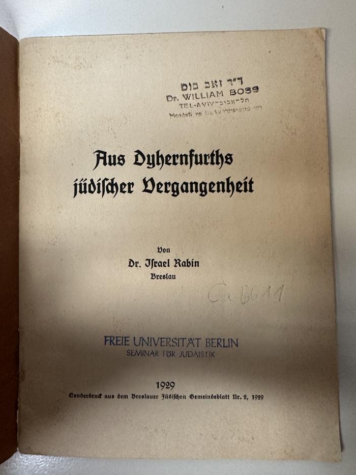 Box M 10381 : Aus Dyhernfurths jüdischer Vergangenheit (1929)
