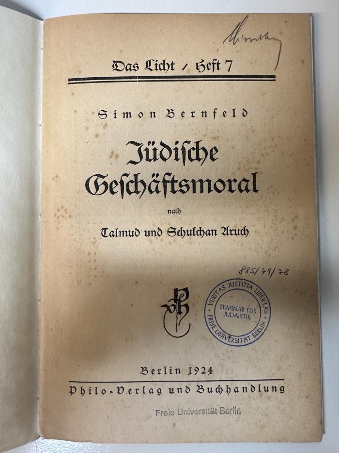 Box M 13340 : Jüdische Geschäftsmoral : nach Talmud und Schulchan Aruch (1926)