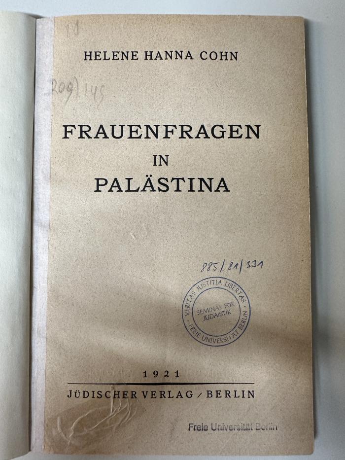 Box M 9725 : Frauenfragen in Palästina (1921)