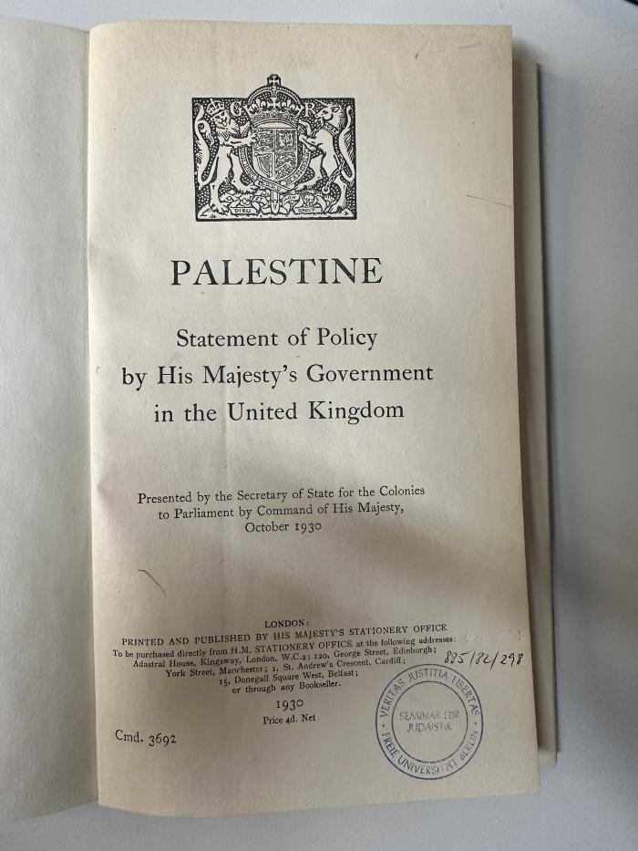 Box M 9907 : Palestine : Statement of policy by His Majesty's government in the United Kingdom. (1930)