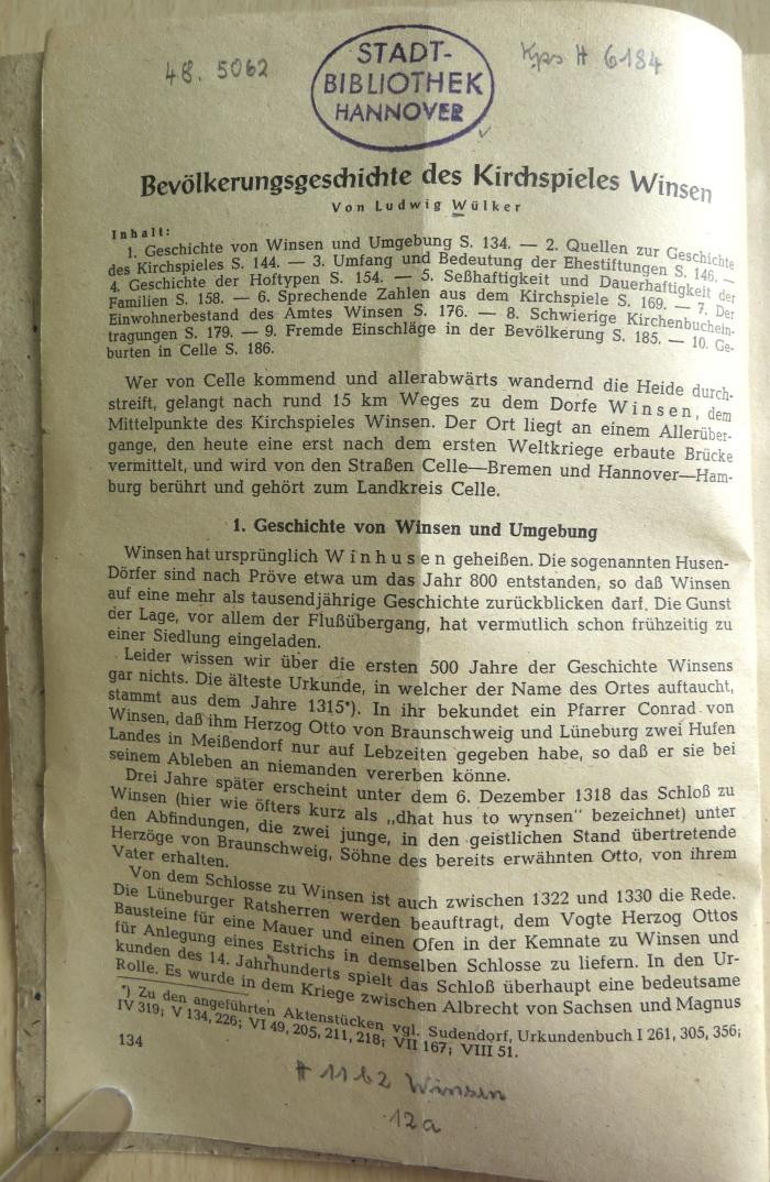 Kps H 6184 : Bevölkerungsgeschichte des Kirchspieles Winsen. (1947)