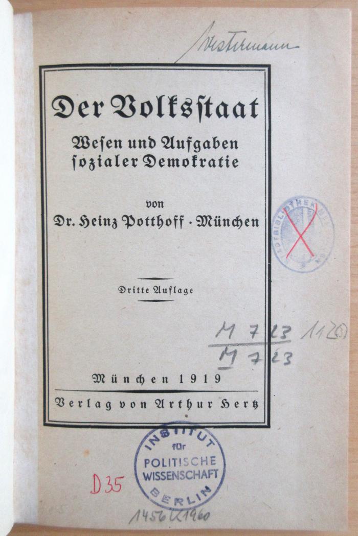 M 723 112(3) : Der Volksstaat - Wesen und Aufgaben sozialer Demokratie  (1919)