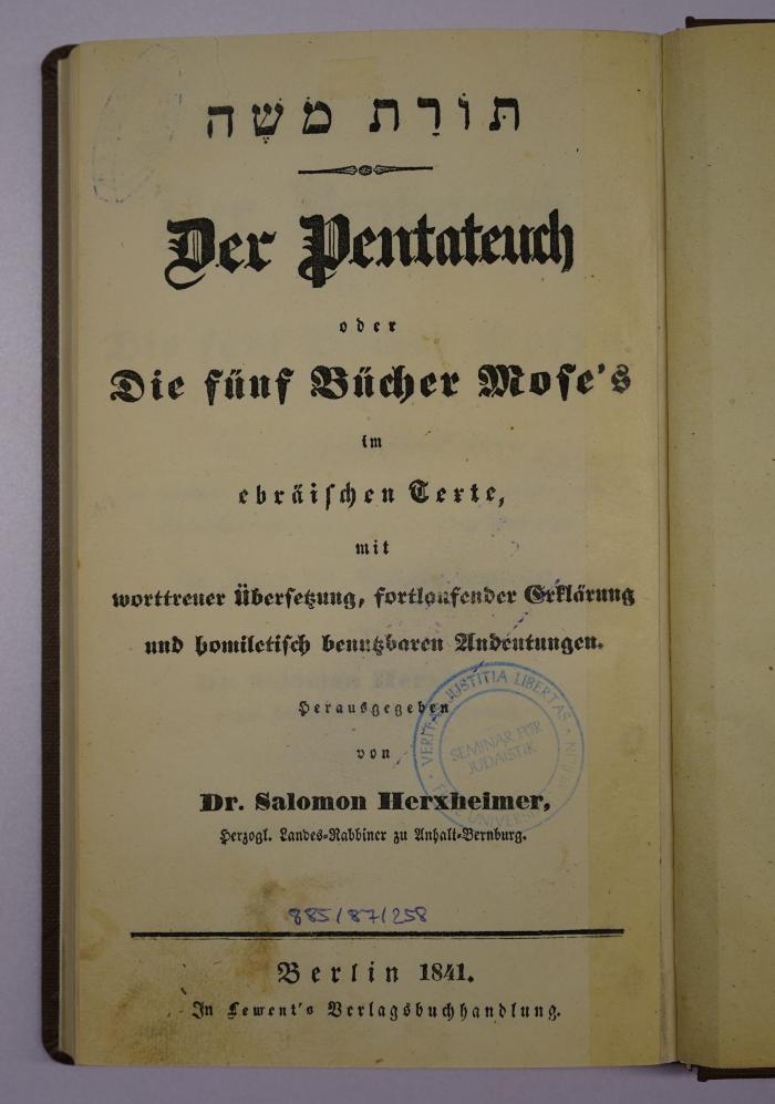 GB M 3774 : Der Pentateuch oder die fünf Bücher Mose's. [1], Genesis :  = Sefer bereshit (1840)