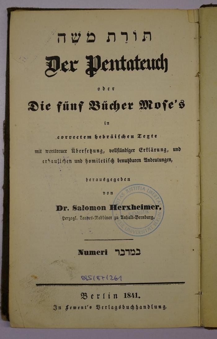 GB M 3777 : Der Pentateuch oder die fünf Bücher Mose's. [4], Numeri :  = ba-midbar (1841)