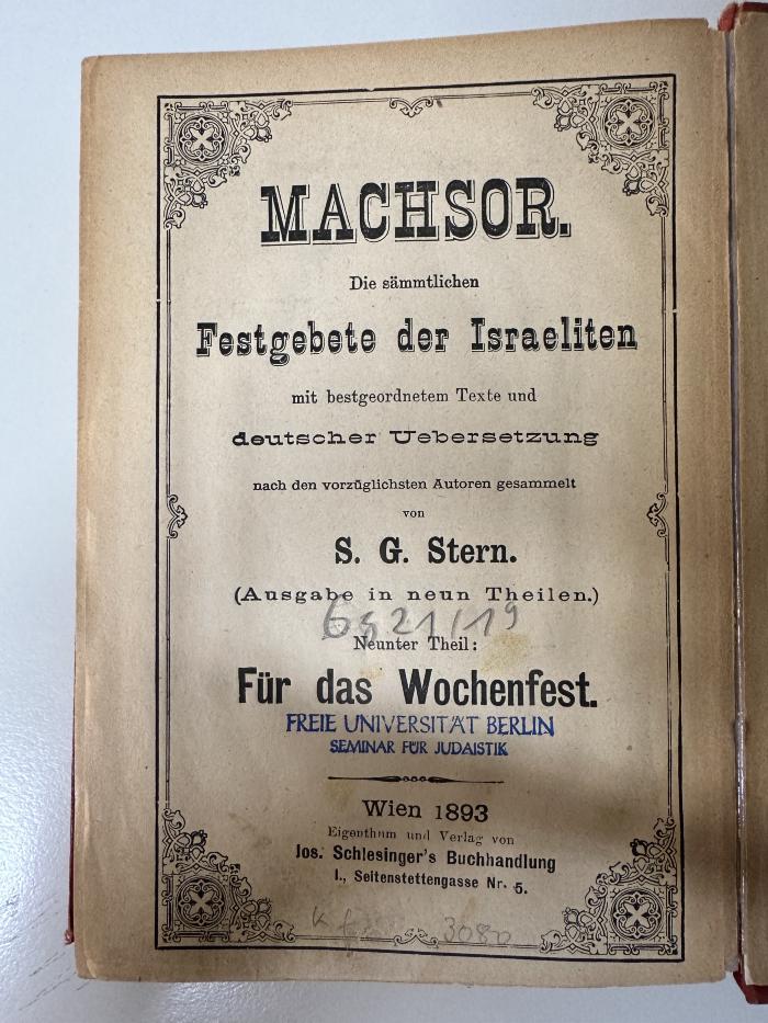 GB M 4398 : Machsor. 9, Für das Wochenfest (1893)