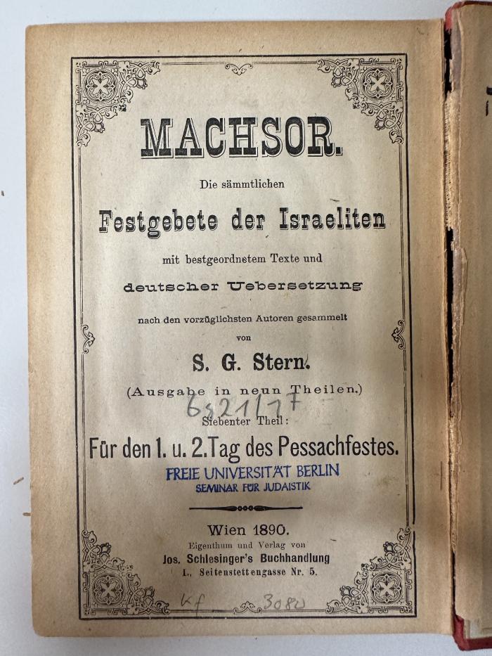 GB M 4396 : Machsor. 7, Für den 1. und 2. Tag des Pessachfestes (1890)