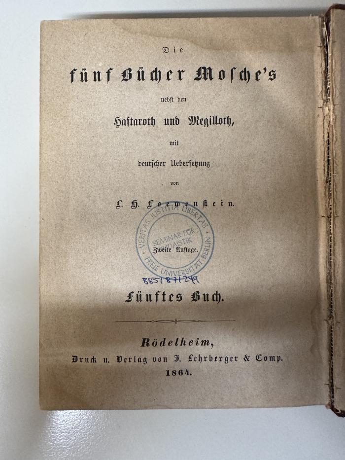 GB M 4899 : Die Fünf Bücher Mosche's 5 [Devarim] (1864)