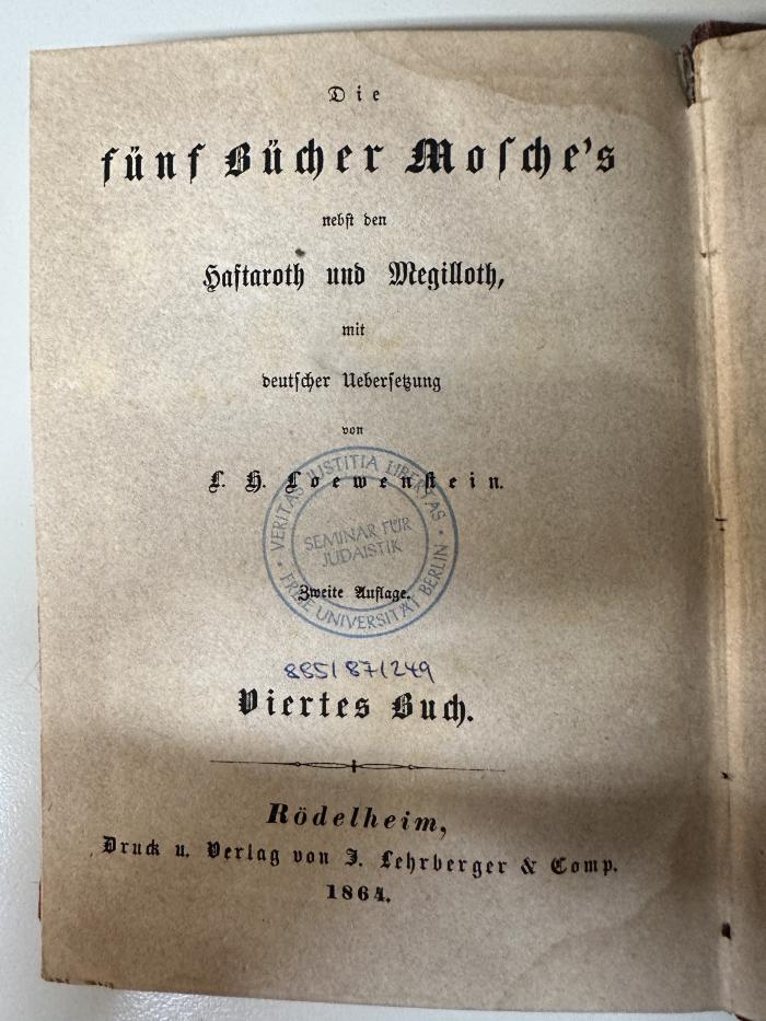 GB M 4898 : Die Fünf Bücher Mosche's 4 [Ba-midbar] (1864)