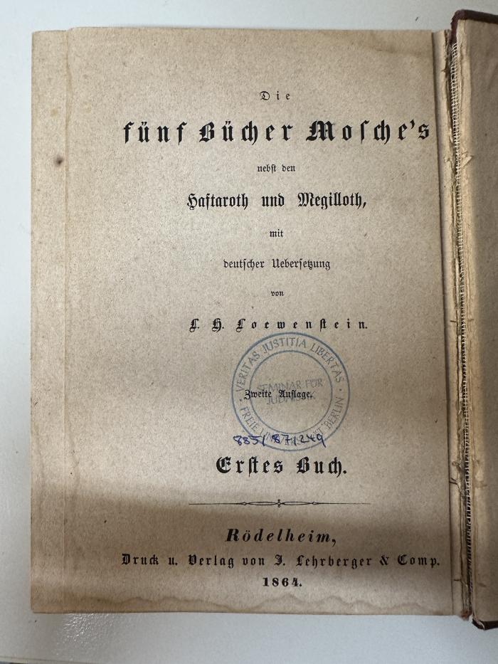 GB M 4895 : Die Fünf Bücher Mosche's 1 [Be-reshit] (1864)